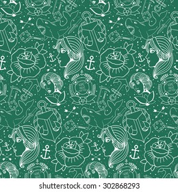 Tattoo seamless pattern with different hand drawn elements. Old school