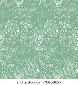 Tattoo seamless pattern with different hand drawn elements. Old school