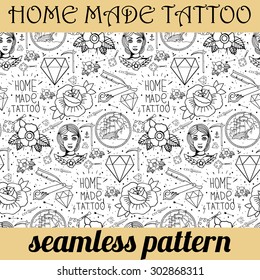 Tattoo seamless pattern with different hand drawn elements. Old school