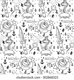 Tattoo seamless pattern with different hand drawn elements. Old school