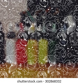 Tattoo seamless pattern with different hand drawn elements. Old school