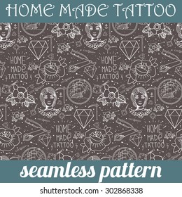 Tattoo seamless pattern with different hand drawn elements. Old school