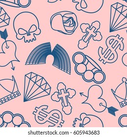 tattoo seamless pattern. Skull and brass knuckles. Rose and heart with an arrow. Wings and cross. Crown and dollar. Diamond