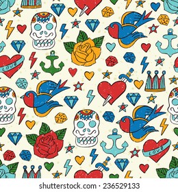 Tattoo seamless pattern. Vector illustration.