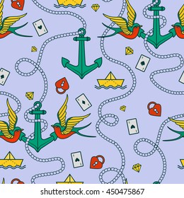 Tattoo seamless pattern.Seamless texture with cartoon vector tattoo elements: anchors, swallows, heart locks, diamonds, paper boats and playing cards.