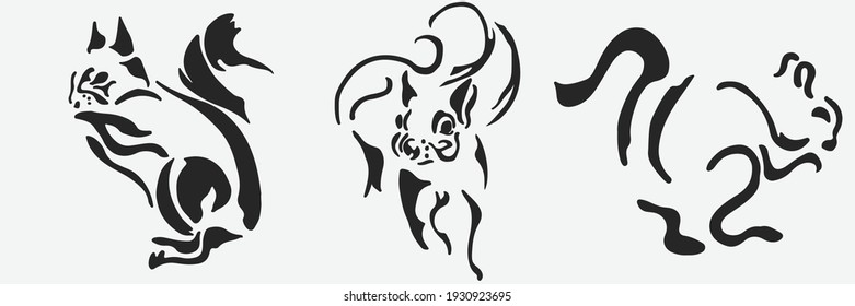 conjunto de tatuajes de animales, ardillas en negro sobre fondo blanco