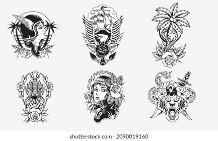 diseño de conjunto de tatuajes vector blanco y negro, águila, palma, mujeres, serpiente, tigre de cabeza, langosta