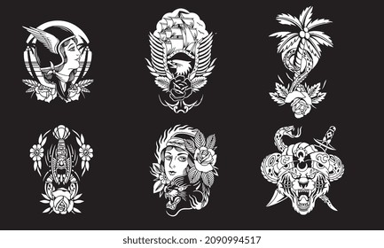 diseño de tatuajes vectores en blanco y negro, águila, palma, mujeres, serpiente, tigre de cabeza, langosta. diseño de tatuajes ilustrativos. Pasos 10
