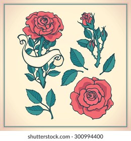 Tattoo set. Graphic vector illustration of roses. Hand drawn artwork. Love concept for wedding invitations, cards, tickets, congratulations, branding, logo, label. Black, red, brown green beige colors