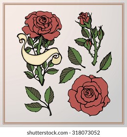 Conjunto de tatuajes. Ilustración vectorial gráfica de rosas. Dibujado a mano. Concepto de amor para invitaciones de boda, tarjetas, boletos, marca, logotipo, etiqueta. Negro, rojo, marrón verde beige colores grises