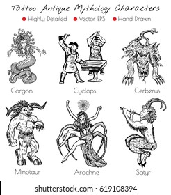 Tattoo set with hand drawn antique mythology characters like Gorgon, Satyr, Minotaur, etc. Engraved vector illustration, black and white doodle drawings