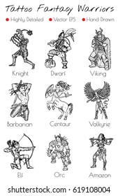 Tattoo set with hand drawn fantasy warriors. Engraved vector illustration, black and white doodle drawings