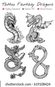 Tattoo set with hand drawn fantasy dragons. Engraved vector illustration, black and white doodle drawings