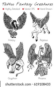 Tattoo set with hand drawn fantasy creatures like Phoenix, Gryphon, Pegasus,, etc. Engraved vector illustration, black and white doodle drawings