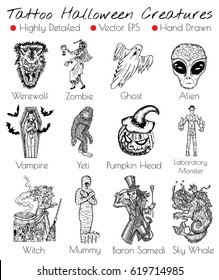 Tattoo set with hand drawn Halloween creatures like Mummy, Vampire, Witch, etc. Engraved vector illustration, black and white doodle drawings