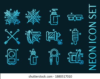 Tattoo set icons. Blue glowing neon style