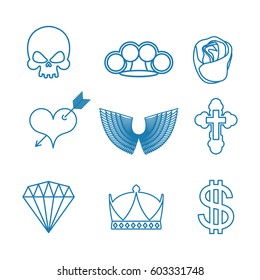 Tattoo set of linear style. Skull and brass knuckles. Rose and heart with an arrow. Wings and cross. Crown and dollar. Diamond

