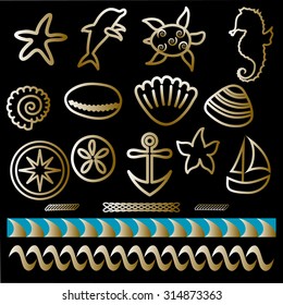 Tattoo set Outline nautical icons Hand drawn sea animals and nautical symbols: waves, anchor, compass, boat, sand dollar, shells, seahorse, turtle, dolphin, starfish Metallic gold and black background