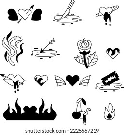 El tatuaje es del estilo de los años 90, 2000. Conjunto blanco y negro de 14 tatuajes. Incluye corazones, serpientes, cerezas, fuego, navaja, cuchillo, sangre, flor.