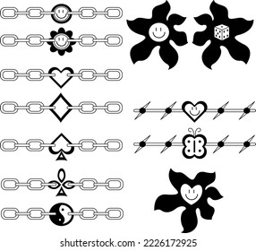 Tattoo set in the style of the 90s, 2000s. Black and white set of 12 tattoos. Includes 7 chains, 2 barbed wires and 3 blots.