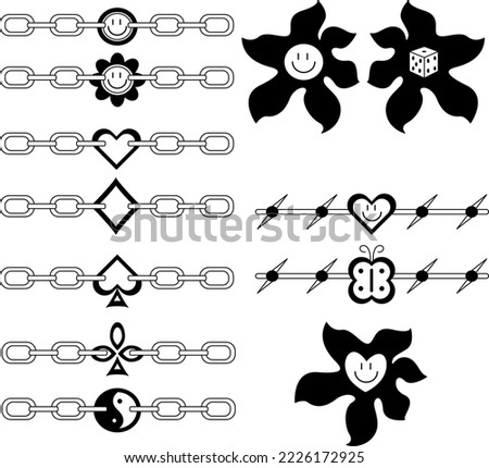 Tattoo set in the style of the 90s, 2000s. Black and white set of 12 tattoos. Includes 7 chains, 2 barbed wires and 3 blots.