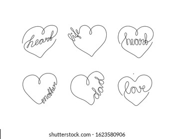 Tattoo in the shape of a heart and word life, dad, love, mother, inspirational lettering, print for clothes, t-shirt, emblem or logo design, continuous line drawing. Isolated vector illustration.