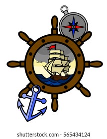 Tattoo ship, anchor, compass, steering wheel vector