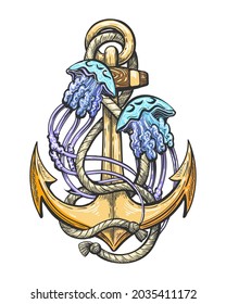 Tattoo of Ship Anchor and jellyfishes isolated on white background. Vector Illustration.