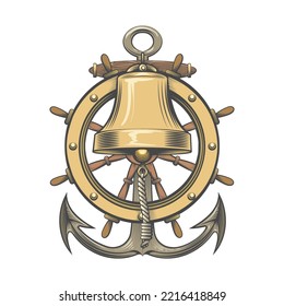 Tattoo of Ship Bell with Steering Wheel and Anchor isolated on white. Vector Illustration.