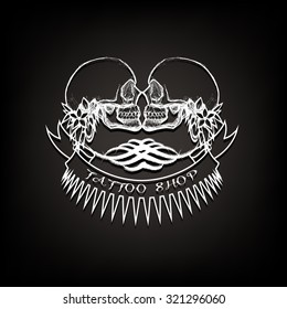 Tattoo shop logo, emblem. Two skulls with ribons and tattoo kit.