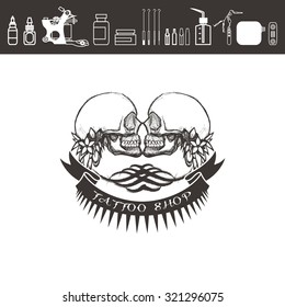 Tattoo shop logo, emblem. Two skulls with ribons and tattoo kit.