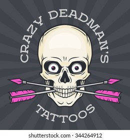 Tattoo shop logo template. Hipster skull with crossed arrows.  Cool poster design. Apparel shop label.