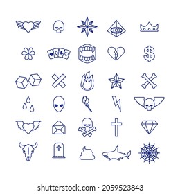Tattoo sign set. Tattoo icons. Heart and dice. Spider web and skull. Jogila and the diamond. Dollar and Star