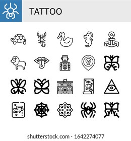tattoo simple icons set. Contains such icons as Spider, Turtle, Scorpion, Swan, Seahorse, Anchor, Lion, Piercing, Tattoo artist, Skull, Butterfly, can be used for web, mobile and logo