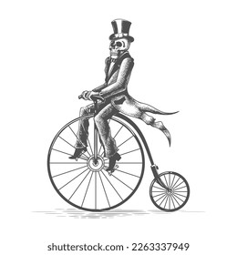 Tattoo of Skeleton in Dandy Clothes rides on a Retro Bicycle isolated on white. Vector illustration.