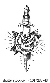 Tattoo Sketch With Dagger And Rose. Hand Drawn Illustration Converted To Vector