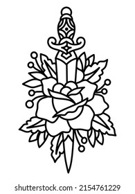 Dibujo tatuaje con daga y rosa. Ilustración dibujada a mano convertida en vector