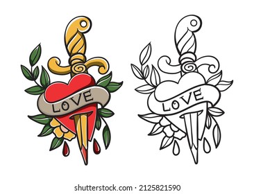 tattoo sketch idea dagger and heart old school style graphic illustration eps 10