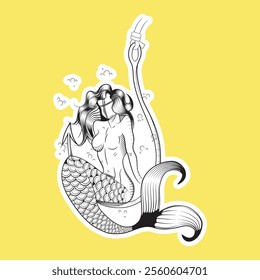 tattoo sketch style mermaid illustration, just the line with white sticker border