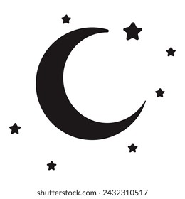 Tattoo for skin in vector style, black and white drawing of a starry night and moon, with a transparent or white background for stencil