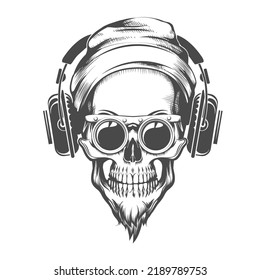 Tattoo of Skull with Beard in Beanie glasses and Headphones. Vector illustration in engraving Style