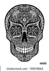 Tattoo skull, black and white vector illustration on white background, Day of the dead symbol. 