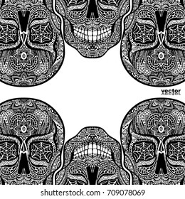 Tattoo skull, black and white vector illustration on white background, Day of the dead symbol. 