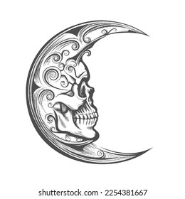 Tattoo of Skull Face Crescent Moon in Engraving Style isolated on white background. Vector illustration