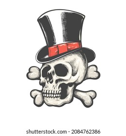 Tattoo of Skull in Gentleman Cylinder Hat isolated on white. Vector illustration.