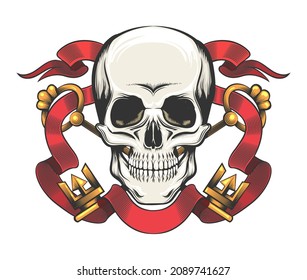 Tattoo of Skull with Golden Keys and Red Ribbon. Esoteric Symbol frailty of existence isolated on white. Vector illustration.