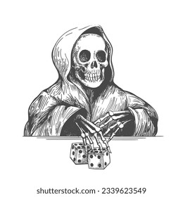 Tattoo of Skull in a Hood Plays High Dice drawn in Monochrome Engraving Style isolated on white. Vector illustration