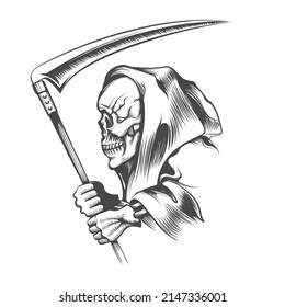  Tattoo of Skull in a Hood with Scythe isolated on White background. Vector illustration.
