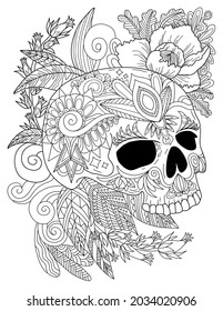 Tattoo Skull Line Drawing Surrounded By Pretty Roses And Pleasant Leaves In Side View Looking Down. Scary Sceleton Head Drawing Enclosed Beautiful Flowers.