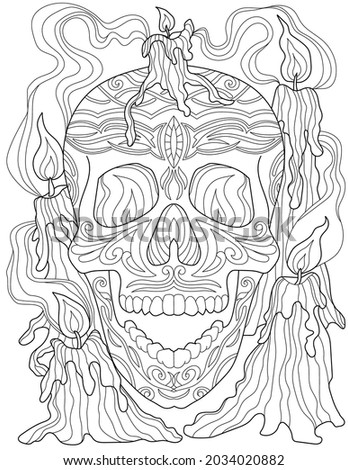 Tattoo Skull Line Drawing Surrounded By Lighted Candles With His Mouth Wide Open. Scary Sceleton Head Drawing Enclosed Burning Torch And Smokey Environment.
